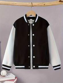 Boys' Fashionable Casual Contrasting Color Baseball Jacket, College Style Jacket, Suitable For Daily And Outdoor Wear, Anime Character Printed Boys' Baseball Jacket, Jacket - 黑色 - 查看 2
