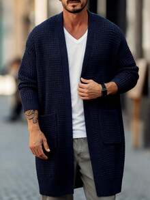 男士宽松针织开衫，长袖V领口袋休闲毛衣外套，秋冬款 - 寶藍色 - 查看 1