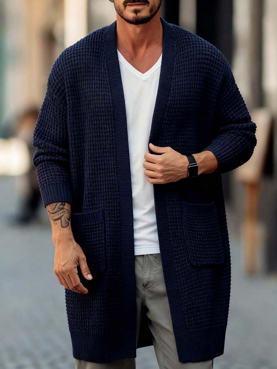 男士宽松针织开衫，长袖V领口袋休闲毛衣外套，秋冬款 - 寶藍色 - 查看 1