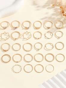 28 Pieces/Set Of Creative Geometric Heart Shaped Girl's Multi Joint Layered Ring Set With Thin Lines - 28PCS - View 7
