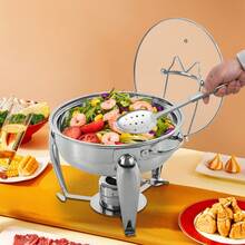 DONSU Runder 4-Liter-Chafing-Dish-Buffetwärmer aus Edelstahl mit Glasdeckel, Brennstoffhalter, Abtropfschale und abnehmbaren Pfannen