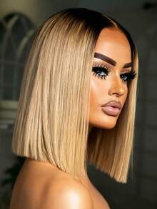 Omber Blonde Short Bob Straight Lace Frontal Wigs For Women With Baby Hair 13X4 HD Transparent Lace Front Wigs Human Hair Brazilian No Shedding And  Free 200 Density Bone Straight Glueless Wigs Human Hair Pre Plucked Bye Bye Knots - Bắt nguồn từ & Ombre - Xem 2