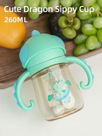 1 pièce Tasse à paille pour enfants de 260 ml avec design mignon de dinosaure, tasse d'entraînement pour bébé, en matériau de qualité, avec une poignée confortable, transparente, durable, anti-poussière, anti-fuite et anti-choc, convient aux bébés de 6 mois et plus à la maison, en extérieur, à la maternelle, cadeau pour les fêtes