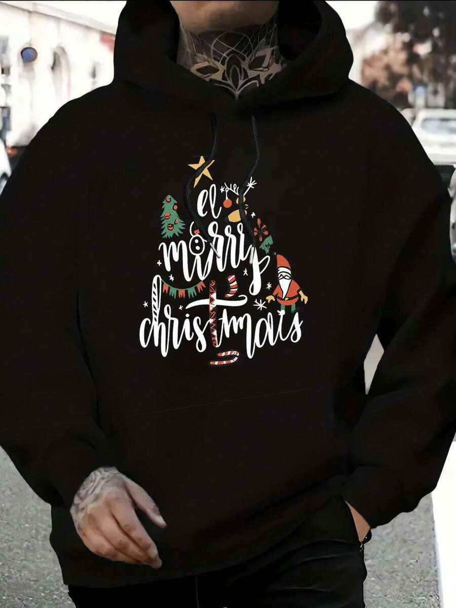 Envío dentro del país | Sudadera con Capucha negra, Diseño Relajado con Estampado, Bolsillos Espaciosos, Perfecta para Otoño e Invierno, Casual y Abrigada - Negro - Ver 1