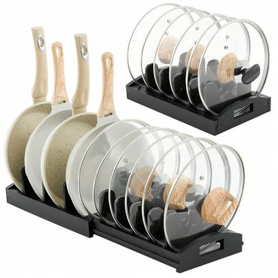 Pots And Pans Organizer Under Cabinet Bamboo Expandable Pot Lid Holder Adjustable Cookware Organizer For Bakeware Cutting Board Baking Sheet Pan Kitchen Storage(13.58-25.59 Inch,Black)