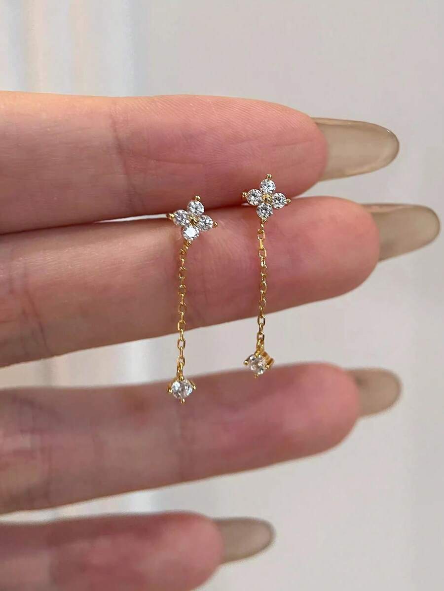 Nooxian 1对女士耳环，日常叠戴风格，铜镶嵌锆石幸运四叶草长耳环，珠宝礼品（不含礼盒），适合春夏四季佩戴