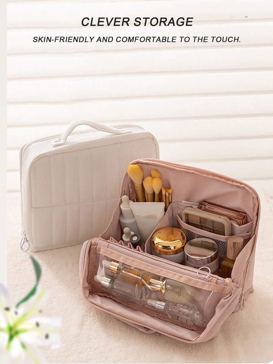 Compartmentalized Vertical Cosmetic Bag - Large Capacity Travel Makeup Organizer, Multi-Functional Compartment Design, Durable Fabric And Mesh Pockets, Portable Desktop Skincare And Makeup Tool Storage Box, Gift For Women, Christmas Gift, Great Gift For Her