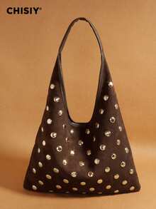 Original Handmade Fashion High-Quality Rivet Design Element Khaki Fabric & Faux Leather Elegant Business Large Capacity Women's Commuter Bag, Casual Versatile Shoulder Bag, Suitable For Work, Holiday, Travel, Shopping, Daily Gathering, Music Festival, Autumn/Winter