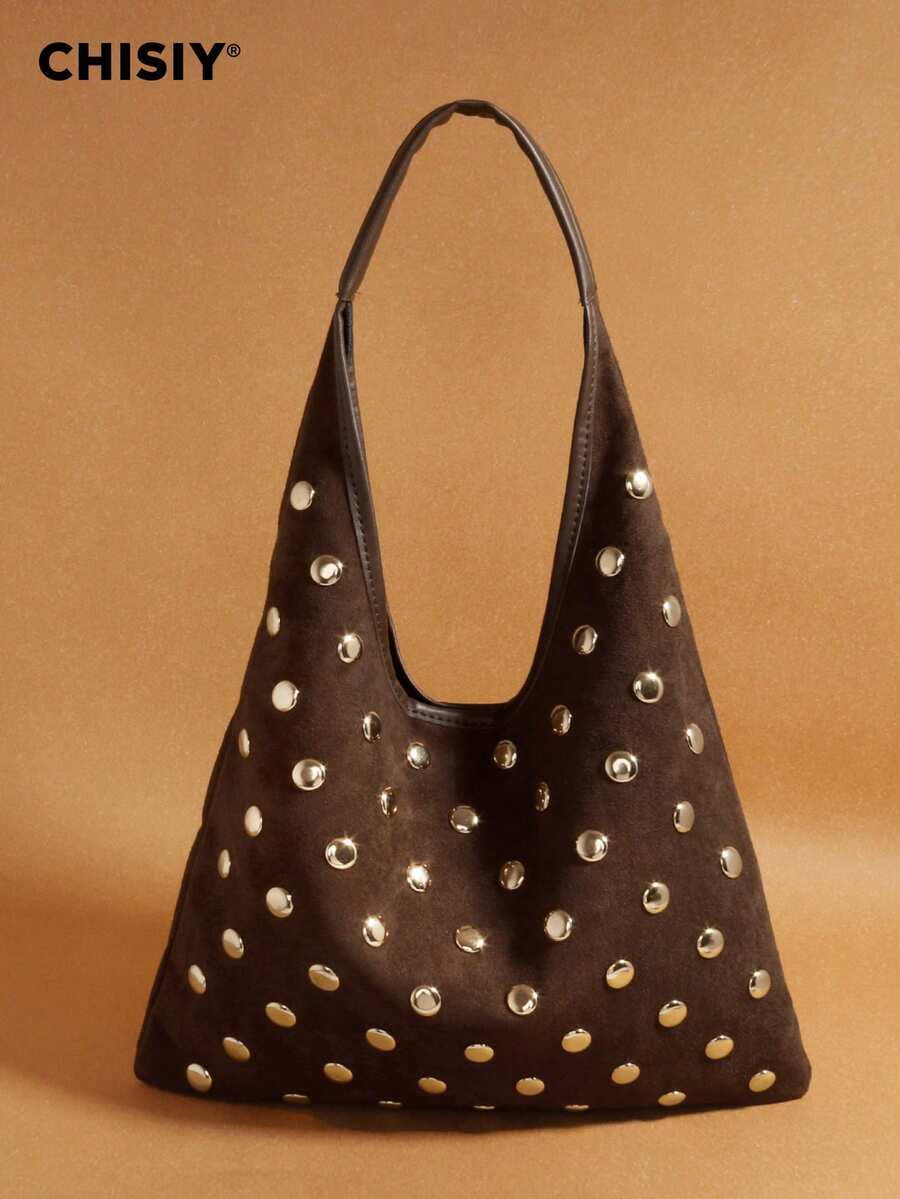 Original Handmade Fashion High-Quality Rivet Design Element Khaki Fabric & Faux Leather Elegant Business Large Capacity Women's Commuter Bag, Casual Versatile Shoulder Bag, Suitable For Work, Holiday, Travel, Shopping, Daily Gathering, Music Festival, Autumn/Winter