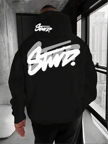 Men's Casual Fashionable Street Hoodie With Letter Print, Kangaroo Pocket, Drawstring, Thermal Lined, Autumn/Winter