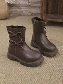 1 par de botas medianas de color marrón para niñas, de material de PU suave y cómodo, con diseño de lazo y cremallera lateral, punta redonda, suela suave y cálida, botas de princesa de cuero cortas y elegantes, adecuadas para estudiantes femeninas de 3 a 15 años para uso diario, vacaciones y campus, nueva colección de otoño/invierno - Café integral - Ver 1