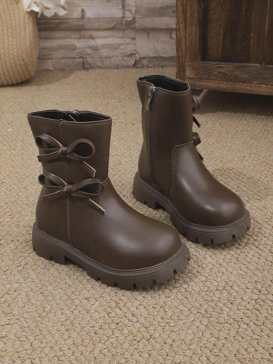 1 par de botas medianas de color marrón para niñas, de material de PU suave y cómodo, con diseño de lazo y cremallera lateral, punta redonda, suela suave y cálida, botas de princesa de cuero cortas y elegantes, adecuadas para estudiantes femeninas de 3 a 15 años para uso diario, vacaciones y campus, nueva colección de otoño/invierno - Café integral - Ver 1