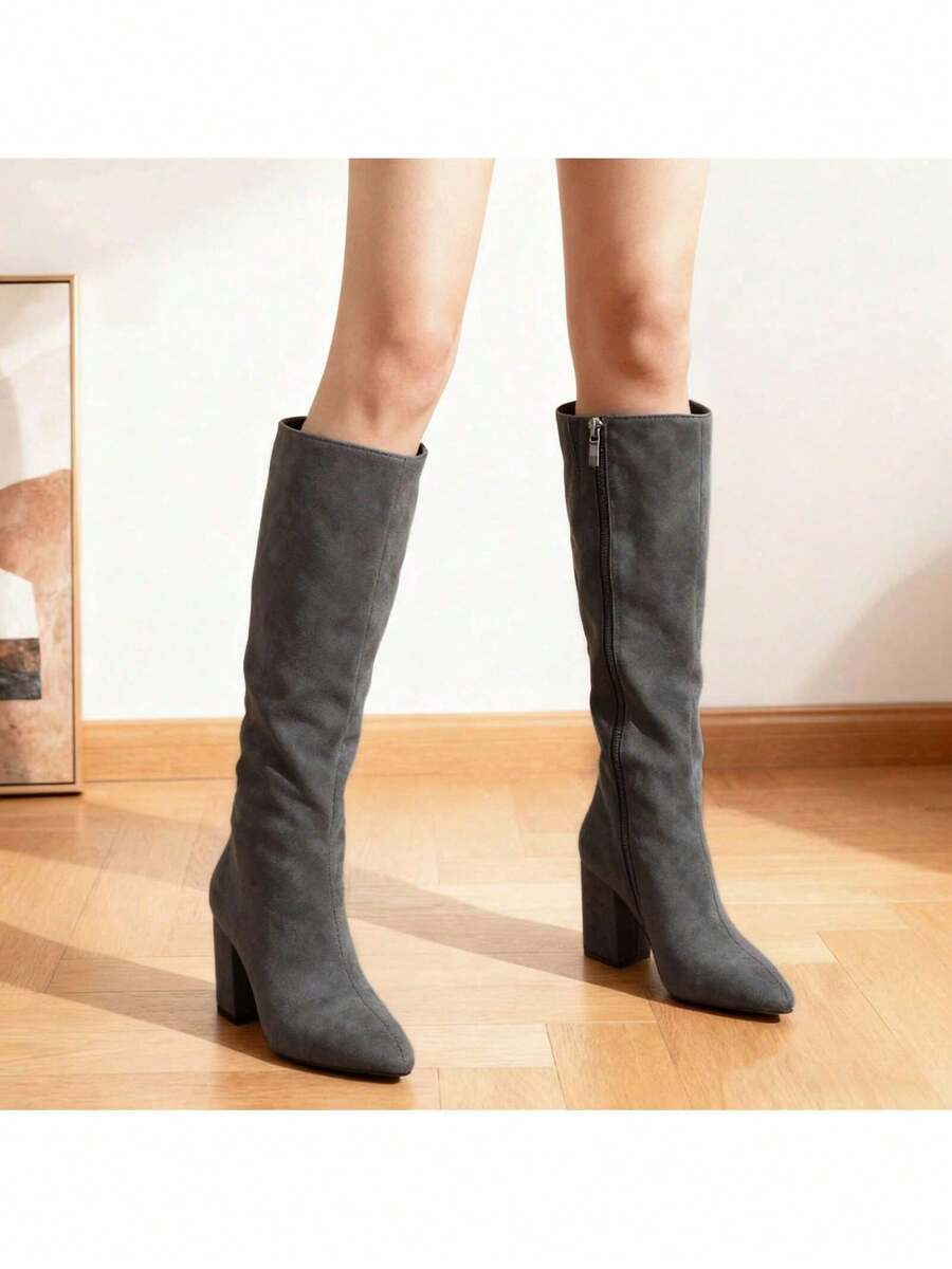 lunryet Lurnyet Knee High Boots Women Almond Toe Chunky Boots For Women Tall Boots With Full Side Zipper High Heel Long Boots KIMU-1 - Da lộn xám - Xem 1