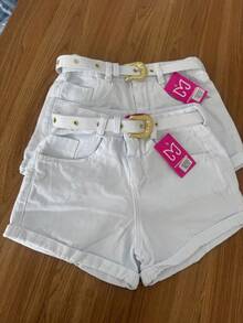 Women's White Mom Denim Shorts With Belt, High Waist - No Elastane, 100% Cotton - 白色 - 查看 5