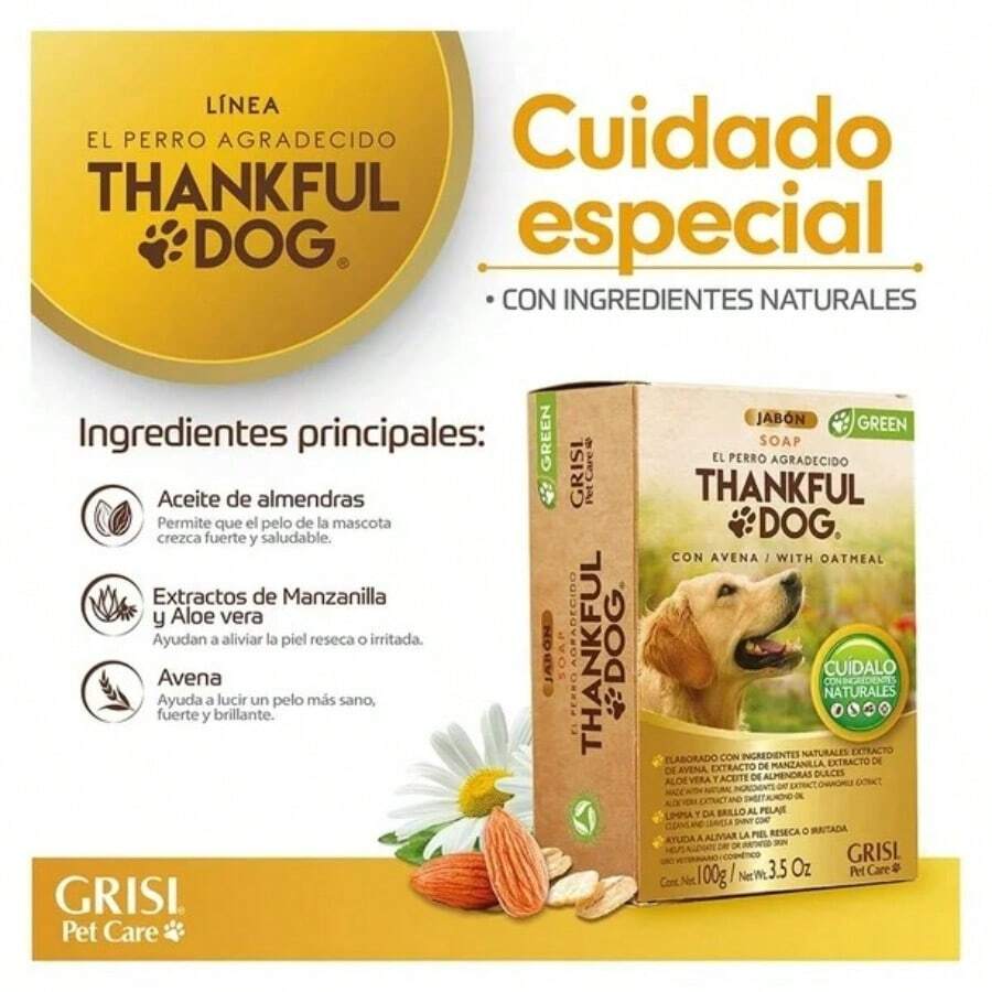 Jabón para perro Thankful Dog Grisi, shampoo sólido para mascotas que cuida pelaje y piel de tu perro, fórmula segura y duradera apta para todo tipo de razas, elimina olores y suciedad, fácil de usar en baños regulares, recomendado por veterinarios y especialistas en higiene animal, producto esencial para el bienestar y salud de tu mascota, aporta brillo y limpieza continua. - Dorado - Ver 1