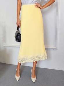 Womens Satin Midi Skirt Stylish Elegant Solid Color Lace Trim Slim Fit Mid Rise Skirt - Yellow - View 3