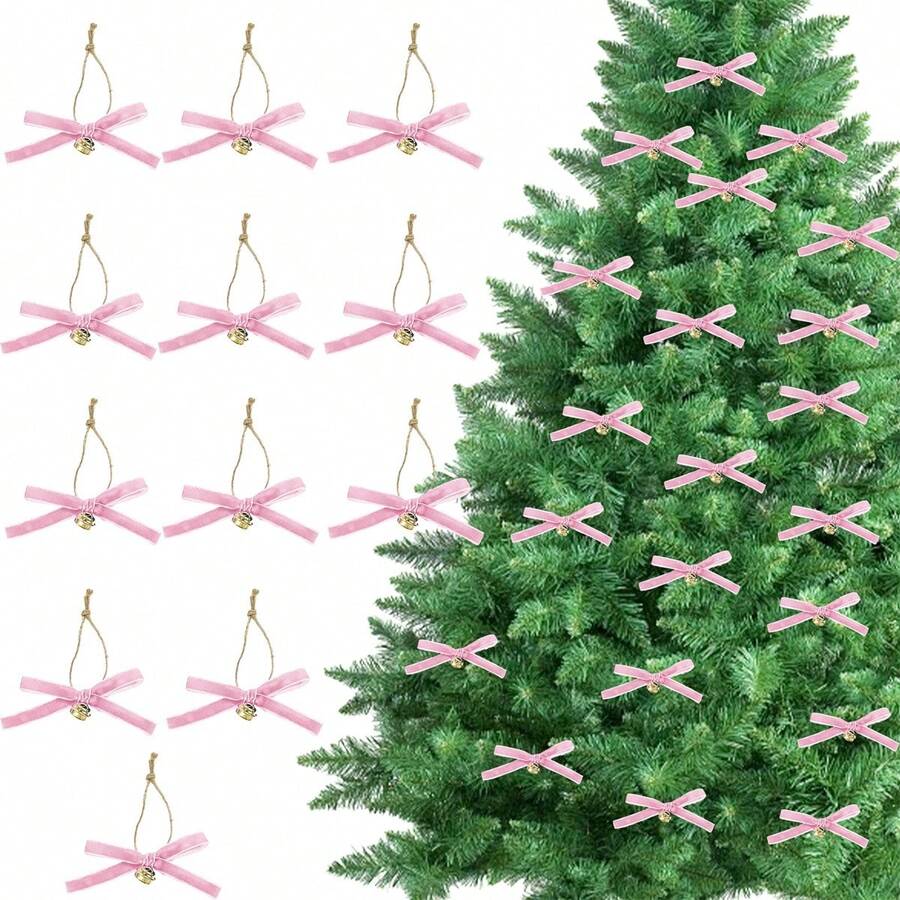 Adornos navideños de terciopelo con forma de lazo, adornos clásicos de campana, elegantes decoraciones colgantes para el hogar - Rosa - Ver 1