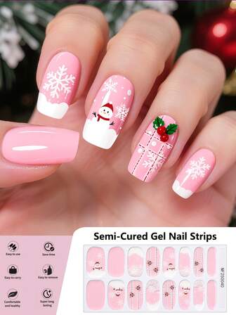 16 Tips Semi-Cured Gel Nail Wraps, Sweet And Cute Christmas Themed Crystal Nail Art Stickers, Cute Christmas Snowman Gingerbread Man With Sweet And Delicate Plaid Bow Design, Self-Adhesive Full Nail Wraps Art, Need To Use Uv Lamp, Easy To Apply And Remove, Suitable For Women And Girls Christmas Party Dating Diy Nail Art Use