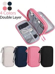 1pc/Set Double Layer Digital Accessories Storage Bag, Multi-Functional Organizer Pouch, Nylon Multi-Pocket Handbag Organizer, Mesh Design, Large Capacity, Dual Zipper Big Bag, Waterproof Portable Electronics Organizer Bag