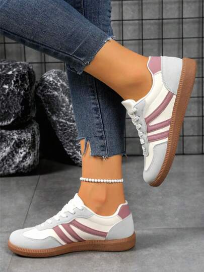 2025 New Retro Round Toe Striped Lace-Up Casual Sneakers, Color Block Design For Women