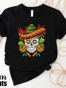 Mexican Día De Los Muertos Shirt, Skull With Sombrero Shirt, Day Of Dead Shirt, Cinco De Mayo Shirt,  R Skull Shirt, Mexican Party Gift,This Fun Printed Casual T-Shirt Is The Perfect Gift For Valentine's Day/Christmas - 款式5 - 查看 1