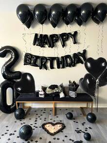 47pcs Black Balloon Birthday Set, Includes Black Happy Birthday Letter Balloons, Black Heart Foil Balloons, And Black Latex Balloons, Suitable For Birthday Party, Adult Ceremony, Photo Booth Backdrop, Anniversary, Baby Shower, Home Decor - Black - View 8