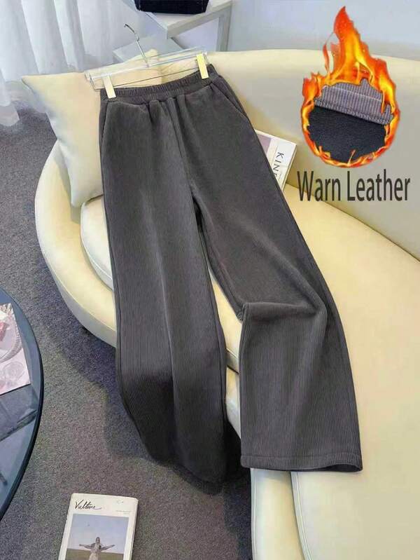 1 قطعة بنطلون رمادي داكن مبطن حراريًا، به جيوب، للمنزل والمكتب والسفر في فصل الشتاء