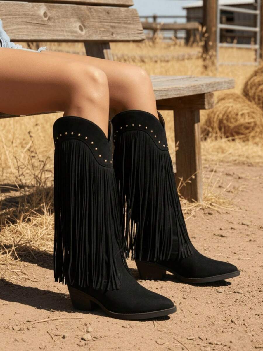 Cowgirl Outfits For Women Country Concert Combat Boots For Women Black Tassel Decoration Pointed Thick Heels Boots Retro Western Style Festival Shoes Outdoor Comfortable Women's Cowboy Boots Summer Boots - màu đen - Xem 1