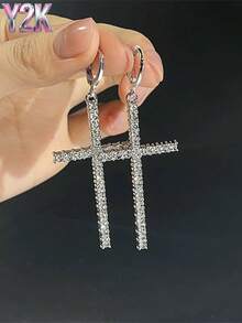 Brincos de Cruz Cheios de Diamantes Exagerados Y2K, Um Par de Brincos de Cruz, Brincos Sexy de Menina Y2K, Acessórios de Festa, Presentes de Festa.