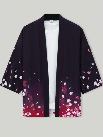 Men's Japanese Style Sakura Gradient Print Short Sleeve Cardigan Jacket, Retro Loose Fit Robe Thin Lightweight Windbreaker Top