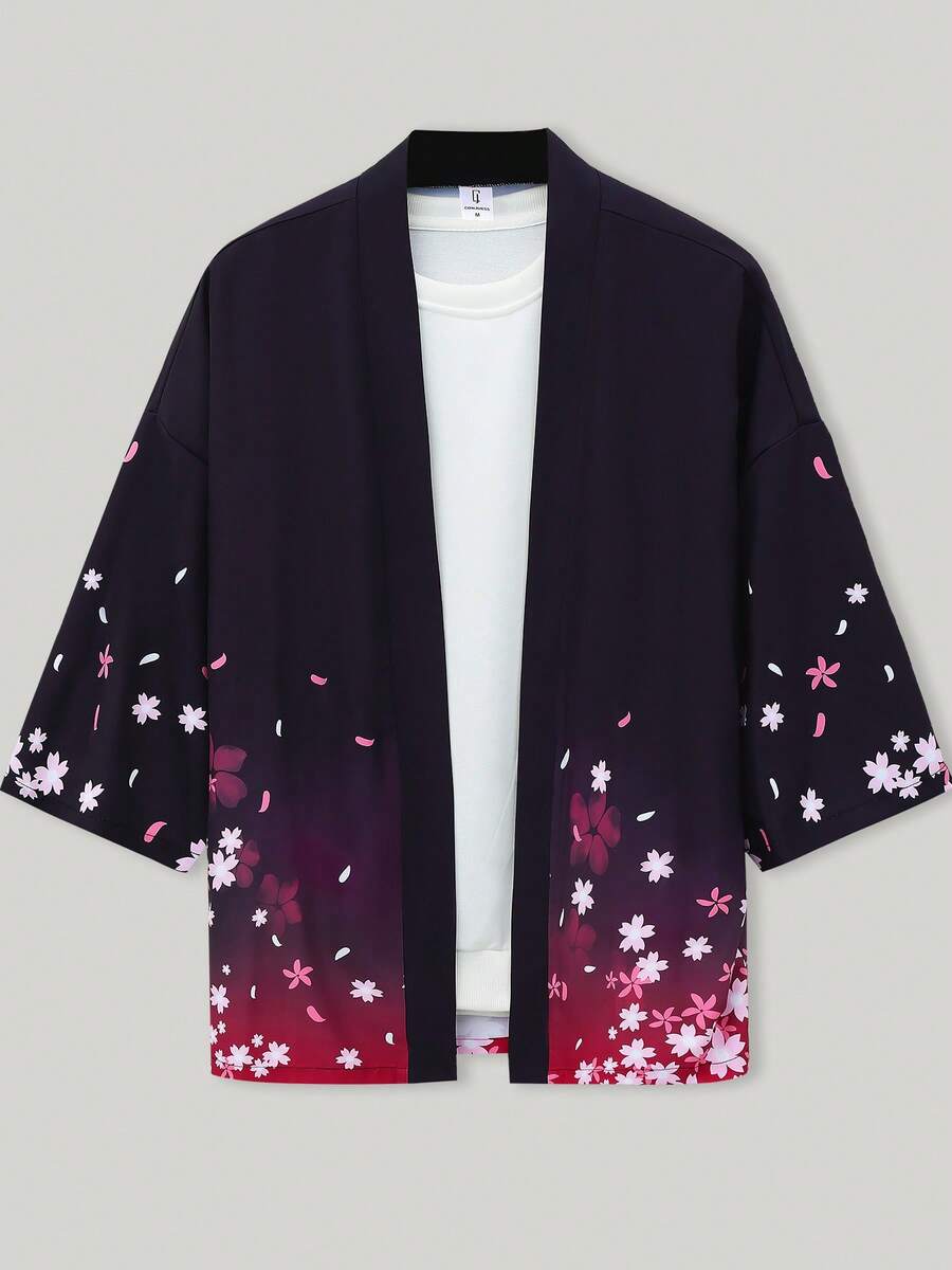 Men's Japanese Style Sakura Gradient Print Short Sleeve Cardigan Jacket, Retro Loose Fit Robe Thin Lightweight Windbreaker Top - Red - View 1