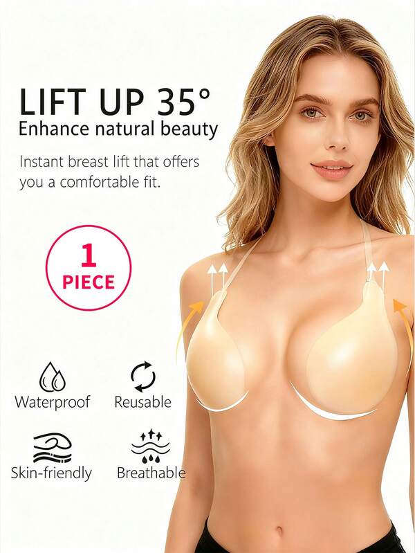 Sujetador adhesivo de color albaricoque para mujer con tirantes transparentes - Levanta y recoge el busto, Bio-Gel para una fuerte adhesión (sin deslizamiento) y piel amigable, lavable y reutilizable | Perfecto para bodas/fiestas/bailes de graduación y vestidos sin espalda