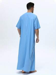 AL HARAMAIN Men's Stylish Light Blue Short Sleeve Robe, Featuring Elegant Buttons And Pockets, Blending Traditional And Designs For Unique Charm