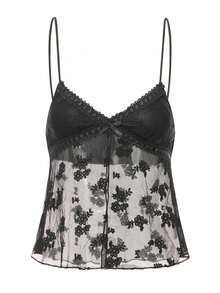 Women's Summer Cami Tops Sleeveless V Neck Floral Embroidery Mesh Camisole Lace Trim Tank Tops - Black - View 1
