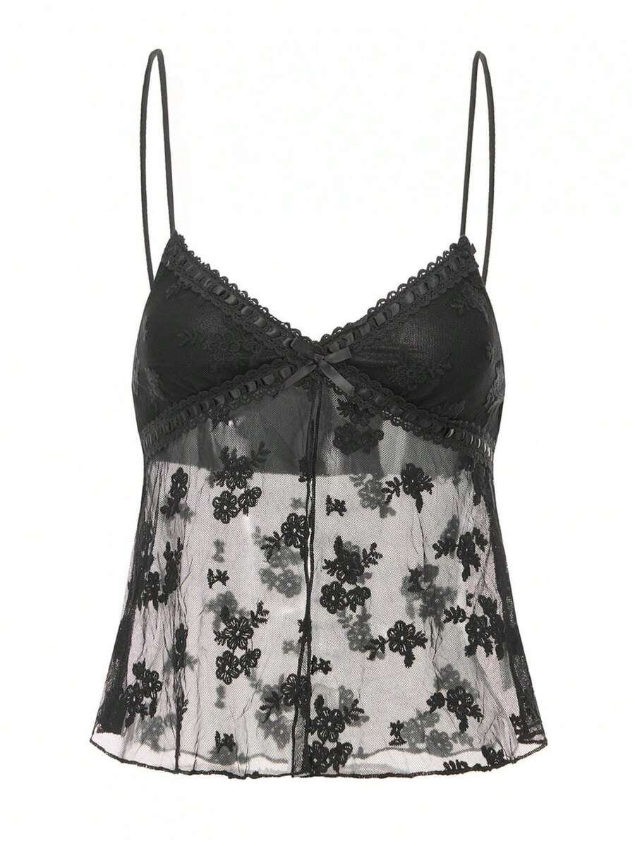 Women's Summer Cami Tops Sleeveless V Neck Floral Embroidery Mesh Camisole Lace Trim Tank Tops - Black - View 1