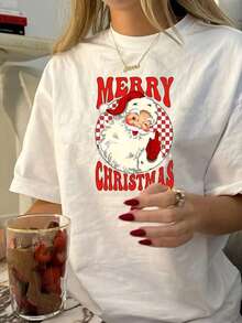 Playera casual navideña de Santa Claus estampada ajuste regular cuello redondo manga corta fiesta Papá Noel - Blanco - Ver 1