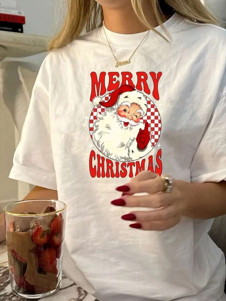 Playera casual navideña de Santa Claus estampada ajuste regular cuello redondo manga corta fiesta Papá Noel - Blanco - Ver 1