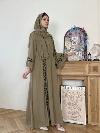 2pcs/Set Fashionable Feather Embroidered Abaya Robe, Casual For Party And Gathering, Elegant Long Robe With Headscarf