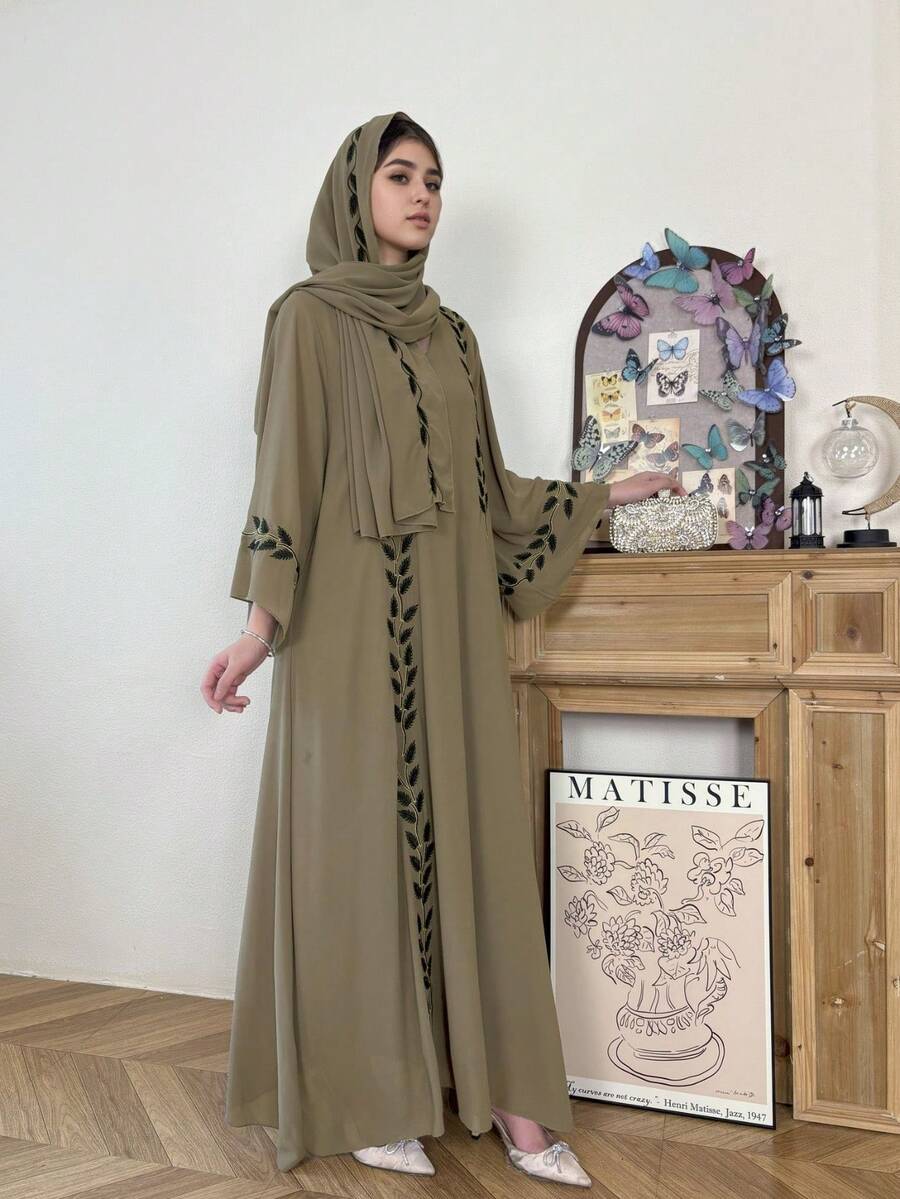 2pcs/Set Fashionable Feather Embroidered Abaya Robe, Casual For Party And Gathering, Elegant Long Robe With Headscarf - Brown - View 1
