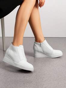 Women's Platform Wedge Sneakers Ankle Booties With An Elastic Strap And Inside Zipper Enhances Comfort - 白色 - 查看 2