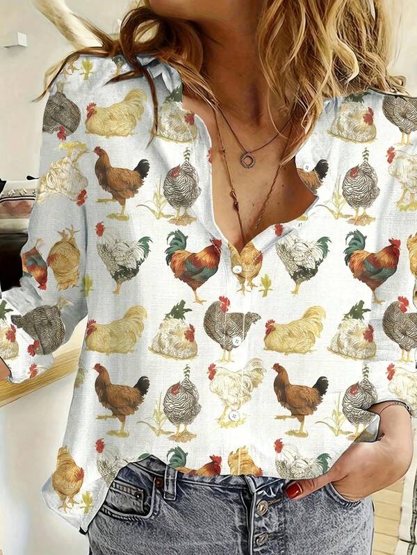 Top décontracté à boutons avec imprimé aléatoire de poulet pour femmes