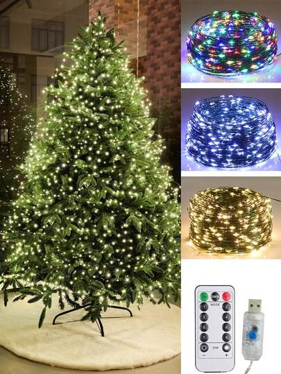 1pc, 5m/10m Green Copper Wire Fairy String Lights, Remote Control Lights, Classic 8 Modes LED Decorative Lighting, USB Powered (Plug And Play), Suitable For Christmas, Halloween, Thanksgiving