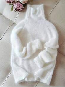 Women's Solid Color Minimalist Everyday Ribbed Knot Turtleneck Sweater White Spring - White - View 7