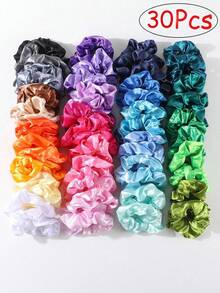 30 Pcs Random Color Satin Scrunchies Hair Ties For Girls, Classic Basic Colorful Elastic Hair Bands With Colorful Ribbons, Ponytail Holders For Daily Use - Multicolor - View 12