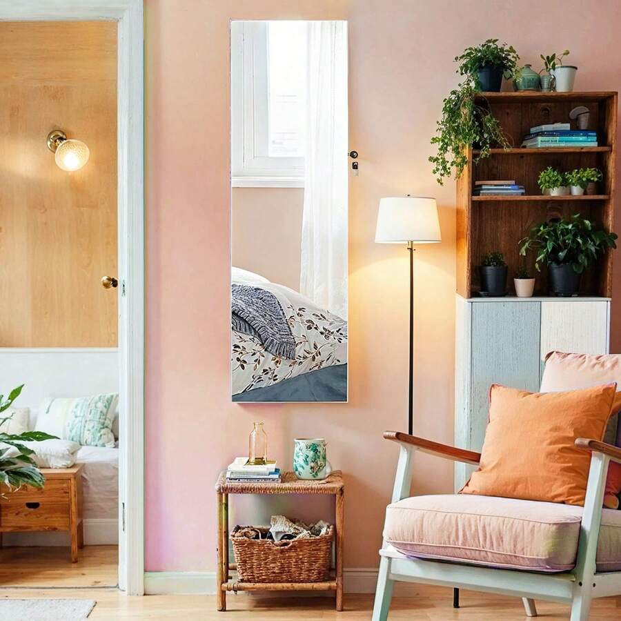 SONGMICS Espejo Joyero de Pared, Espejo Joyero Colgante sin Marco, Armario de Joyas con 6 LEDs para Colgar en la Pared o en la Puerta, Gran Capacidad con 2 Cajones, Blanco,Regalo de Navidad - Blanco - Ver 1