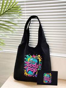Print With Soda Pop Pattern Shoulder Bag And Cosmetic Bags Set, Shopping Bag,Multi Functional Portable Handbag, Shoulder Bag,Large Capacity Fashion Simple Style Durable Gunny Bag,Skin Care Product Storage Bags,Makeup Bag, For Handbags,Suitable With Suitable For Outdoor Picnics, Parties, Travel And Shopping, Gifts For Family And Friends - Black - View 14