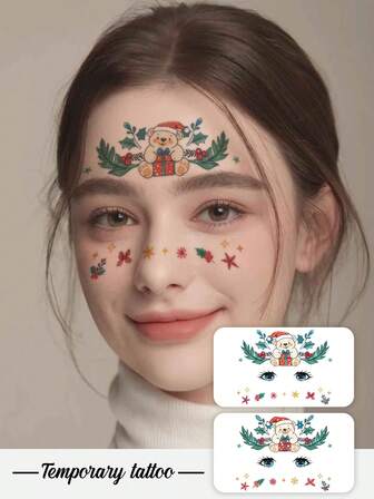 Un autocolant colorat de tatuaj temporar de Crăciun, cu un ursuleț drăguț de Crăciun și flori de Poinsettia cu stele strălucitoare. Rezistent la apă și semipermanent, potrivit pentru degete, brațe, spatele urechilor, glezne, claviculă, față și alte zone. Perfect ca și cadou de Crăciun pentru prieteni, durează 3-5 zile.
