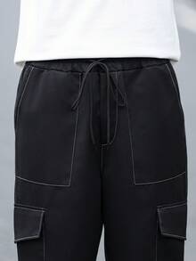 Plus Size Men's Cargo Pants With Pockets And Drawstring, Casual And - Black - View 7