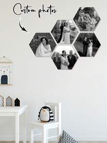 4pcs/5pcs/6pcs/8pcs/9pcs/10pcs Personalized Vintage Style Custom Hexagonal Photo Printed Hexagonal Wooden Boards, Available In Both Color And Black And White, Are Perfect For Living Rooms, Bedrooms, Offices, Weddings, Graduations And Travel Memories - Easy-To-Install Fashionable Photo Frame Artworks, Memory Wall Art - No Power Required, Unique Creative Gifts, Indoor Decoration Souvenirs - Black - View 9