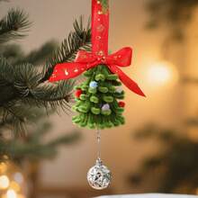 Mini árbol de Navidad de tela, bola de peluche pequeña y lazo de cinta roja. Ideal para decorar el escritorio, fiestas en casa o cualquier ocasión navideña. - Verde - Ver 2